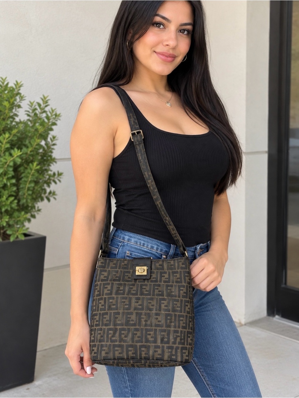 Fendi Brown FF Logo Crossbody Bag with Gold-Tone Clasp